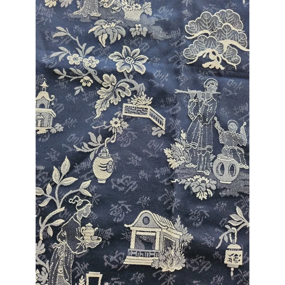 2+yds/Black Tan Chinoiserie Upholstery Damask Fabric Asian Pagodas Tea Service